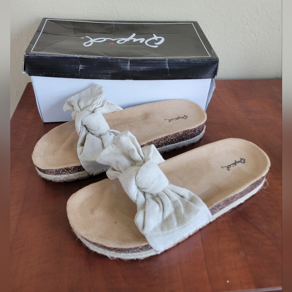 New - Women's Qupid Haidy Bow Espadrille Slide Sandals In Beige Size 7